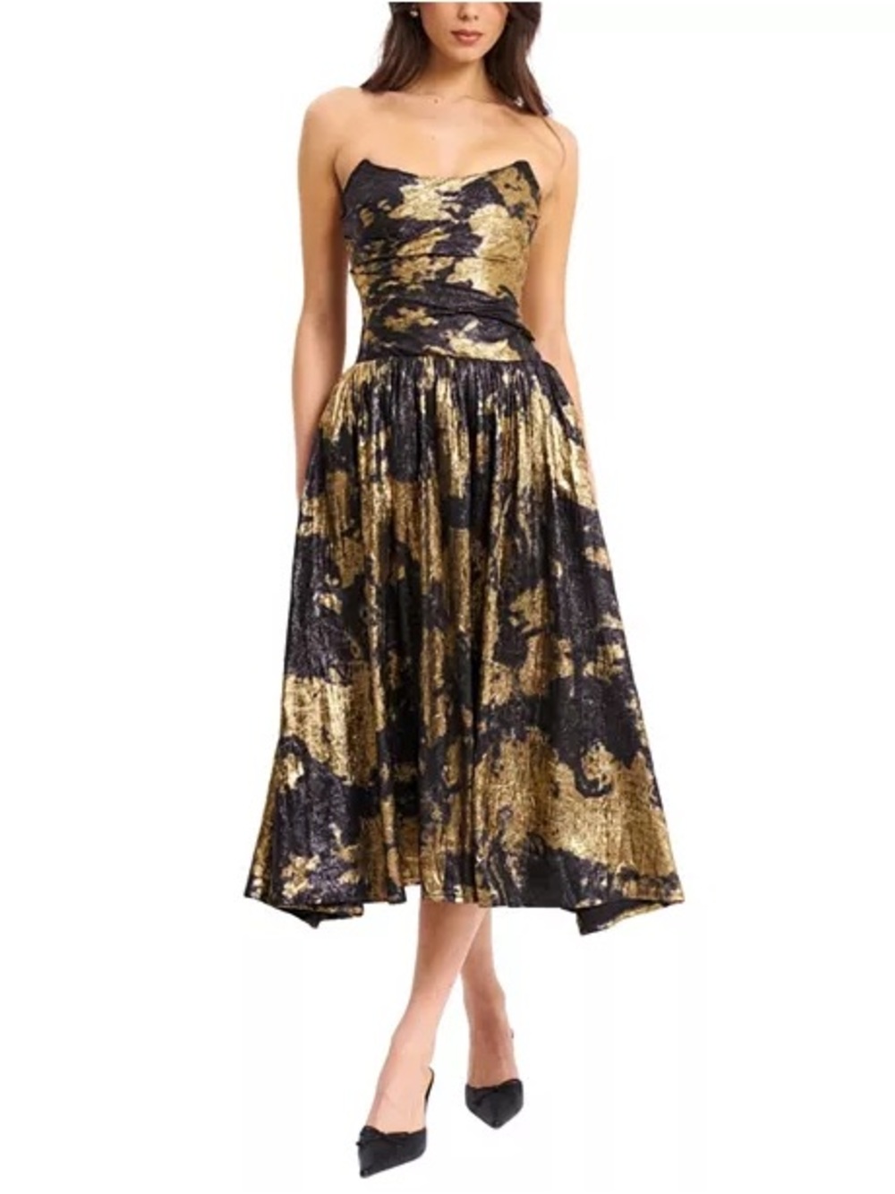 Strapless Black & Gold Metallic Midi Dress